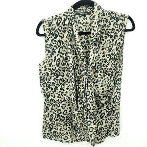 Derek Lam Silk Animal Print Sleeveless Tie Neck Blouse 8 Tan/Black